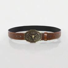 1 chiếc thắt lưng da PU màu nâu cổ điển kiểu cao bồi miền Tây Bohemian unisex, khóa kim loại dập nổi chữ. - màu nâu - Xem 2
