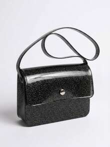 Bolsa Infantil Silicone Moda Blogueira Jelly Brilho Impermeável - Mini Bag Transversal Menina Luxo - Preto - Visão 4