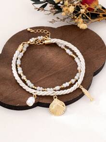 2pcs/Set Vacation Style Starfish, Shell, Fish Pendant Beaded Anklets, White & Gold Pearl Decor Elastic Rope & Linen Cord Double Layer Detachable Anklets, Suitable For Daily, Party, Music Festival, Beach, Bikini, Elegant & Refined For Women - Shell - View 4