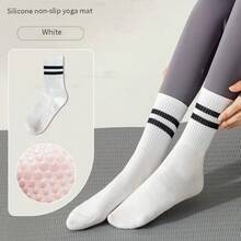 Women's Professional Anti-Slip Yoga Socks - Breathable Striped Mid-Calf Design With Double Grip Sole & Arch Support Pilates,, Exercise RLZX - Black - View 8