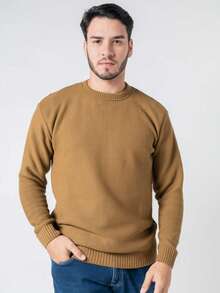 Men's Knitted Sweater, Single Color, Crew Neck, Casual Winter, Plain - 摩卡棕 - 查看 2