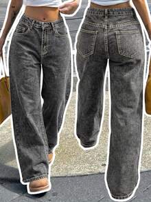 Women's Casual Grey Denim Straight Leg Jeans With Zipper Closure Long Non-Stretch Fabric For Everyday Wear - Grey - View 1