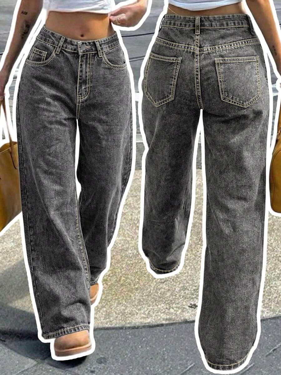 Women's Casual Grey Denim Straight Leg Jeans With Zipper Closure Long Non-Stretch Fabric For Everyday Wear - Grey - View 1