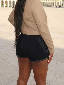 (Cotton Blend) Women's Sexy Zipper Side Tie Elastic Straight Leg Denim Shorts - Black - View 2