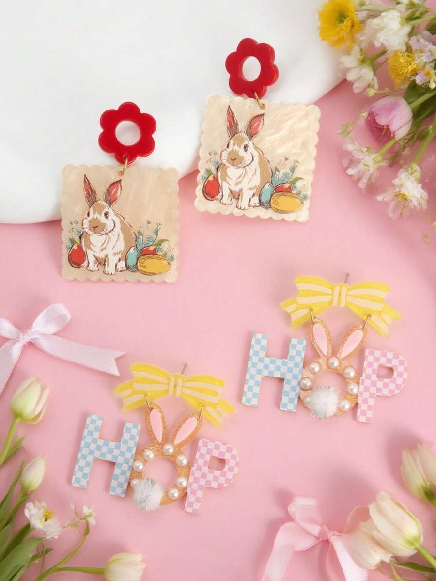 A Pair Of Cute HOP Letter Earrings, Easter Bunny Easter Egg Earrings, Perfect Party And Holiday Jewelry - Multicolor - View 1