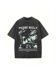 1pc, Washed, Quiet Printed T-Shirt, High-Quality Wax Printed Cotton  Fashion Brand T-Shirt, Suitable For Summer T-Shirt With A Certain Thickness, Holiday Gift - màu đen - Xem 1