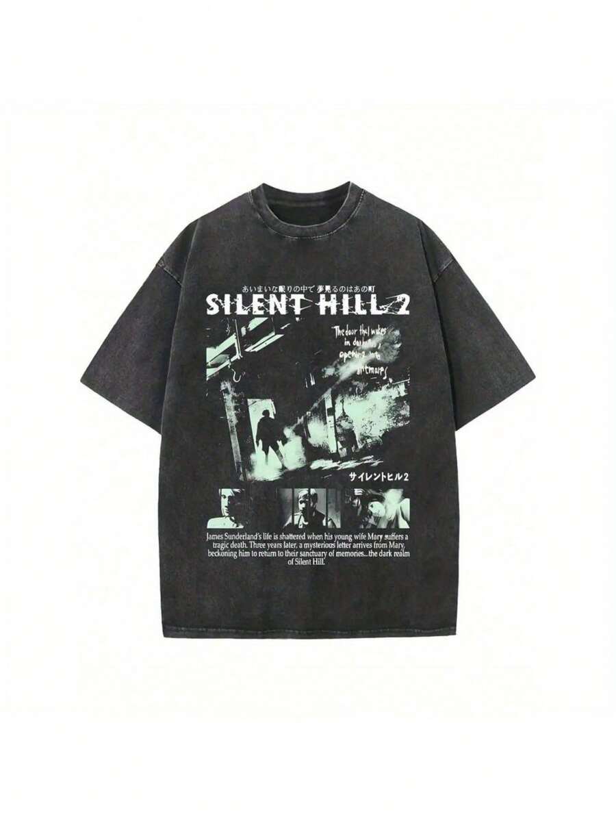 1pc, Washed, Quiet Printed T-Shirt, High-Quality Wax Printed Cotton  Fashion Brand T-Shirt, Suitable For Summer T-Shirt With A Certain Thickness, Holiday Gift - màu đen - Xem 1