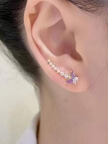 1 Pair Elegant Purple & White Butterfly Clip-On Earrings, Delicate Unique Design, Versatile & Sophisticated Earrings - Purple - View 5