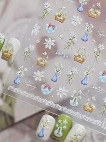 1pc 5D Relief Spring Flower Nail Stickers Exquisite Daisy Flower Basket Nail Stickers DIY Nail Stickers - Multicolor - View 6