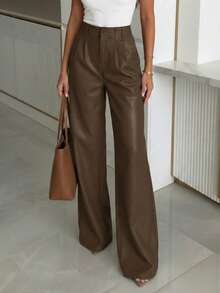 ANCHOSE Women's High Waist Wide Leg Pants With Pleats And Pockets, Coffee Brown Faux Leather, Casual Commuter Street Style, Suitable For All Seasons - Dark Brown - View 4