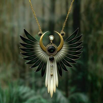1pc Black & White Angel Wing Pendant Inlaid With Synthetic Green Gemstone & Faux Pearl Layered Feather Elegant Zinc Alloy Necklace