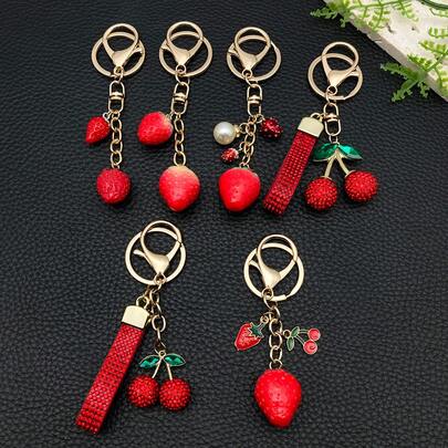 1pc Fashion Rhinestone Clay Cherry Strawberry Charm Keychain, Cute Style Cherry Pendant Keychain, Suitable For Bag And Car Key Decoration, DIY Creative Gift Jewelry Accessory
