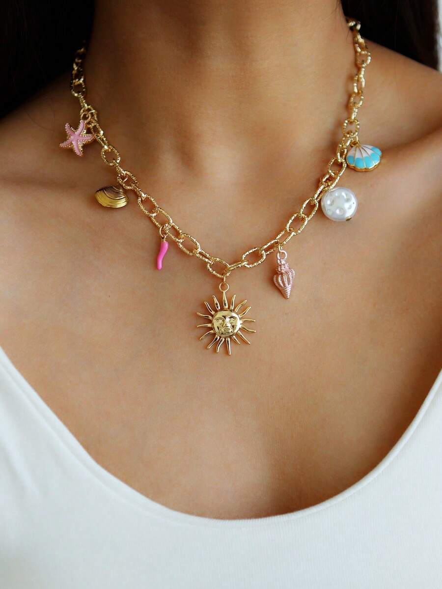 1件迷人海星、贝壳、海螺、仿珍珠吊坠项链，海洋主题项链，适合女性日常、度假、派对、海滩穿着 - 金黃色 - 查看 1