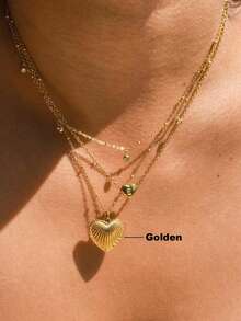 1pc Stainless Steel Gold-Plated Heart Pendant Necklace, Layerable Satellite Chain Necklace, Minimalist Style Gift For Women - Gold - View 3