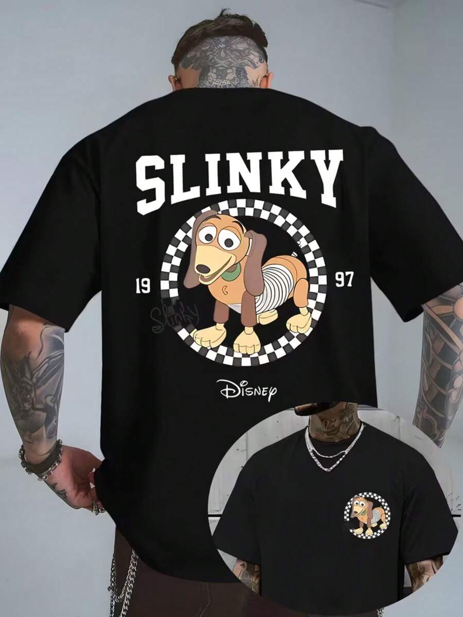 Authorized Disney Toy Story Spring Dog Checkerboard Printed Men's T-Shirts, T-Shirts For Leisure And Comfort, Breathable And Light, Fashionable Street Clothes, Men's Casual Shirts. - Black - View 1
