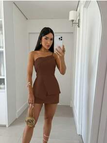 Women's Set: Blouse And Skirt Shorts In Tailored Fabric, Marrant Fashion, Elegant, Chic, Simple, Casual, Stylish, Zipper, Button, Pocket, Vacation - Rỉ Nâu - Xem 1