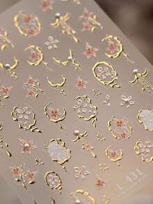 3D Embossed Self-Adhesive Nail Stickers, Featuring Gold Foil Leaf And Peach Blossom Designs, Perfect For Spring-Themed Nail Art And Nail Decals - Multicolor - View 2
