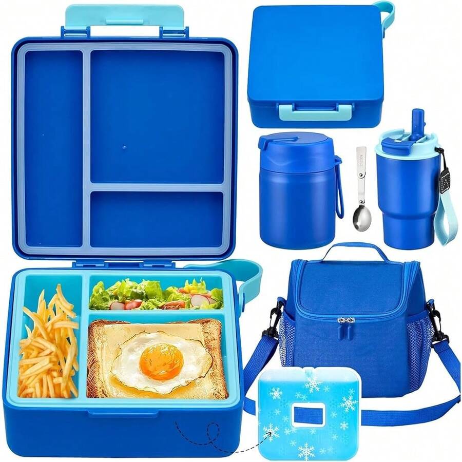Lunch Box Set With Bento Box Container, 17OZ Stainless Steel Food Soup Thermo, Water Bottle & Portable Insulated Lunch Bag – Leakproof, Hot/Cold Retention For Schoolsss, Travel(Blue) - 藍色 - 查看 1
