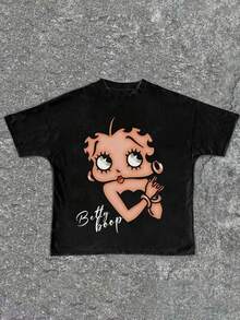 Tween Girl Cotten Clothes,Y2K-Inspired Letter Print T-Shirt - Casual Crew Neck, Short Sleeve, Machine Washable - Perfect For Spring/Summer/Fall,Fashion, Streetwear, Unisex, Men, Women - màu đen - Xem 2