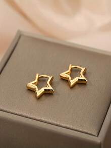 1 Pair Gold Star Hoop Earrings, Minimalist Hollow Geometric Design, Versatile Daily & Party Earrings For Girl - Gold - View 5