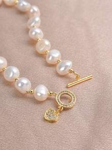 1pc 18K Gold Plated Natural Freshwater Pearl Heart Bracelet, Gift For Mother's Day, Valentine's Day, Birthday, Wedding, Engagement, Bride - White - View 3
