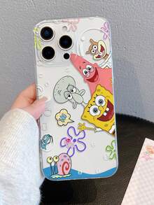 SPONGEBOB 1个创意海绵宝宝偷窥设计花卉泡泡彩绘透明防震手机壳，兼容三星/ 11/12/12 Pro Max/14 Pro Max/15/15 Pro/16/16 Pro Max/17 及其他型号 - 彩色 - 查看 3