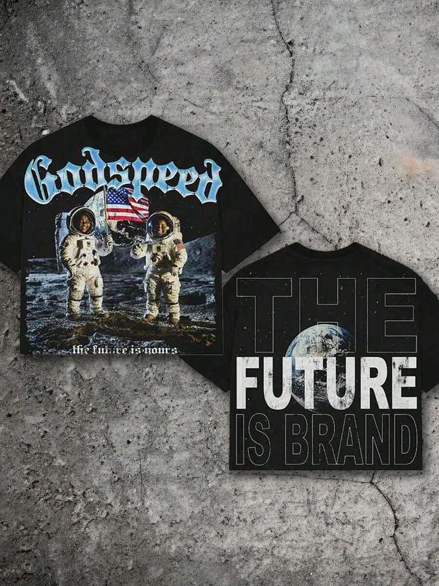 Moon Landing Astronaut, Future-Themed Slogan, American Flag Logo Print T-Shirt, Boy's Summer Round Neck Short Sleeved Casual T-Shirt - màu đen - Xem 1