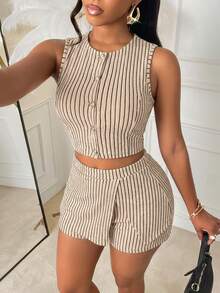AIJ Amarilo Women's Khaki Elegant 2-Piece Set: Striped Sleeveless Crop Top + Asymmetric Belted Shorts, Summer Vacation & Holiday Outfit - Apricot - View 5