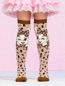 1 Pair Cute Rabbit Ears Leopard Print Knee High Socks, Cute Funny Bunny Over The Knee Socks, Fashion Funny School Running Athletic Sports Socks, Back To School Students Teenagers Girls Socks, Valentine Day Gift - Multicolor - View 6