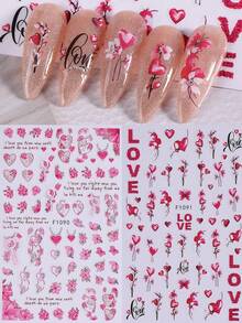 2PCS Red Pink Heart Flowers Nail Stickers Elegant Heart-Shaped Vines Decals Valentines's Day Nail Art Designs Self Adhesive 3D Manicure Accessories Nail Art Decoration For Women Girl - 玫紅色 - 查看 10