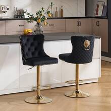 Velvet Bar Stools Set Of 2, Height Adjustable Breakfast Bar Stool, Counter Modern High Chair With Lion Knocker, Suitable For Bars Kitchens And Breakfast Counters, Gold Black - Black - View 12