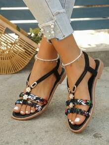 Colorful Floral Braided Thong Sandals For Women – Bohemian Multicolor Woven Strap Flats With Rhinestone Flower Decor, Gold Filigree Charms & Ankle Strap, Perfect Summer Vacation Slides, Sandalias De Mujer Con Diseño Trenzado Floral Multicolor, Zapatos De Mujer Verano Bohemios Planos Con Detalles De Diamantes Y Encantos Dorados, Women Shoes Black Base Braided Pattern For Beach Holidays, Women's Shoes Comfortable Open-Toe Slingback Sandals With Vibrant Weave And Elastic Band, Summer Sandalias Planas Para Mujer En Negro Con Motivos Tropicales Y Accesorios Brillantes, Ideal For Casual Outings Or Tropical Escapes, Featuring Cushioned Sole For Daily Wear, 2026 Styles Including Square-Toe Thongs, Asymmetric Toe-Rings, Slim-Strap Flip-Flops, Transparent PVC Accents, Vintage Silhouettes, Heeled Thongs, Mesh Footwear, Jelly Shoes, Boho Gladiators, Gorp-Y Corded Designs, Embellished Flips, Woven Heels, And Ballet-Inspired Elements - 298H9 - 查看 5