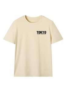 女士杏色短袖T恤，采用耐磨面料，背面印有东京古建筑和黑色花卉拼贴图案，展现日式极简街头风，适合城市漫步、艺术展览和旅行摄影。休闲夏季之选。 - 杏色 - 查看 5