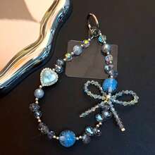 Deep Sea Blue Iridescent Crystal Heart Pendant Phone Lanyard, Elegant Bowknot Charm, Multifunctional DIY Phone Strap, Wrist Lanyard Anti-Lost - Multicolor - View 4