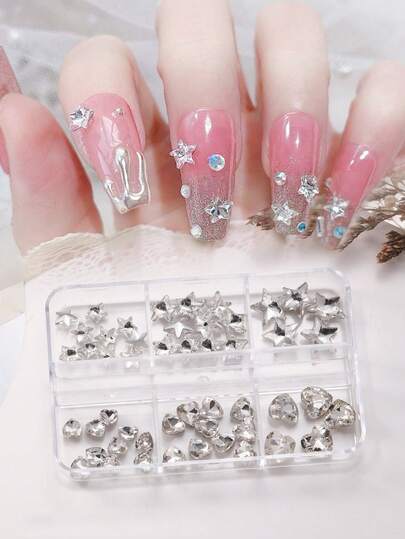 1盒美甲水钻装饰，包含扁平、尖头、菱形、椭圆形、心形、雪花形、方形、五角星形、不规则水晶水钻，6个隔层，超闪亮美甲宝石，美甲用品，美甲饰品