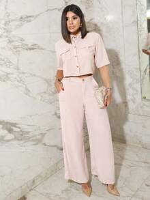Women's Set: Dress Pants And Button-Down Shirt - Classic Casual Premium - Pink - View 2