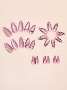 24片中长款杏仁形柔和紫色丝带闪光蝴蝶结猫眼美甲贴纸，可移除，适合女性日常、工作、约会佩戴，包含1片果冻胶+1个指甲锉美甲用品 - 彩色 - 查看 3