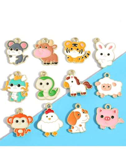 5/12个油滴中国风十二生肖动物吊坠，合金材质，适用于钥匙扣、手链、项链等DIY手工饰品配件制作