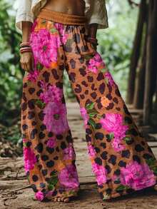 (Free Shipping!!!) 2026 New Arrival Women's Bold Leopard & Floral Print Wide-Leg Pants | High Waist Loose Fit Trousers;Vacation Outfits Women;Summer Outfits For Women - Màu Hoa hồng đỏ - Xem 1
