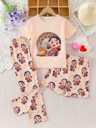 2026 New 3-Piece Set Middle Eastern Eid Mubarak Cartoon Character & Crescent Moon Print Round Neck Short Sleeve Sweatshirt And Shorts/Pants Children Eid Sleepwear Set, Flame Retardant, All Season