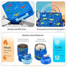 Pawtong Lunch Box Set With Bento Box Container, 17OZ Stainless Steel Food Soup Thermo,  Water Bottle & Portable Insulated Lunch Bag, Leakproof, Hot/Cold Retention For Schoolsss, Travel (Dinasour) - 藍色恐龍 - 查看 3