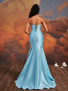 VIPGIRL 优雅浅蓝色无肩带美人鱼礼服，高开衩荷叶边长款晚礼服，女士正式礼服，时尚美人鱼舞会礼服，迷人派对礼服 - 淺藍色 - 查看 2