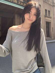 Loose Fit Off-Shoulder Long Sleeve T-Shirt, Casual And Relaxed Style - Grey - View 4