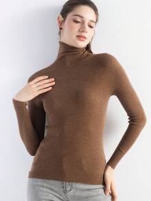 2026春夏女式美利奴羊毛混纺针织T恤，休闲百搭，高领柔软长袖套头衫 - 棕色 - 查看 7