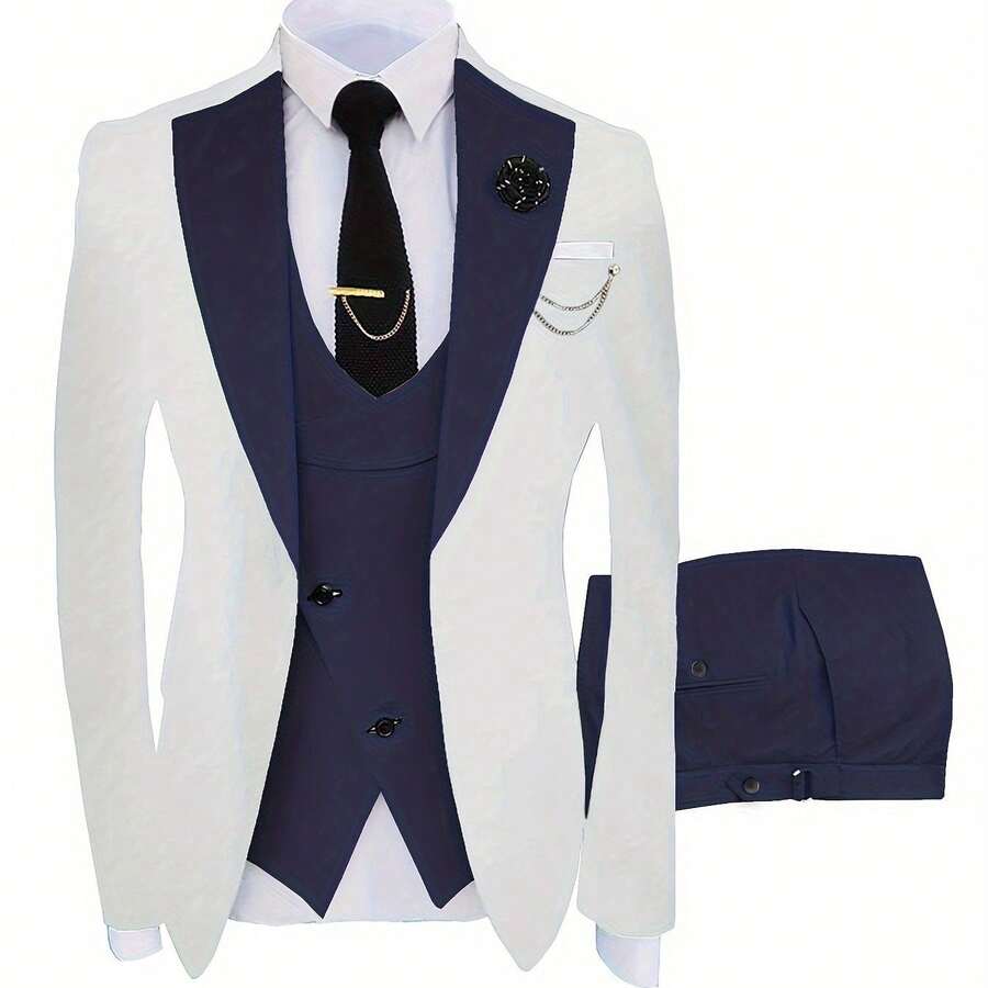 A Three-Piece Suit For Groomsmen, Featuring A Slim Fit Tuxedo Ideal For Wedding Dances, Includes A Stylish Jacket, Trousers, Vest, Tie, Tie Clip, Handkerchief, Two Cufflinks, A Boutonniere, And A Brooch For Formal Occasions - 藏蓝色 - 查看 1
