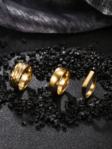 3pcs 18K Gold Plated Stainless Steel Rings, Hammered Texture Classic 8mm Curved Rings, Unisex Simple Rings, Great Gift For Lover, Friend - Gold - View 9