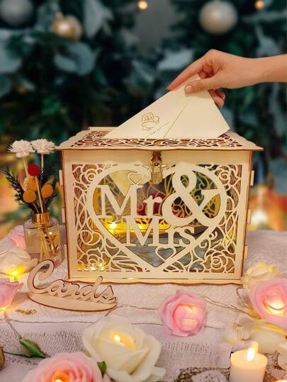 1pc Wooden Wedding Card Box With Lock And Card Slot, Gift Card Box Money Box For Wedding Reception Anniversary Birthday Graduation Party Decor (Mr. & Mrs.)
