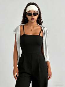 Mono de mujer, diseño de cintura alta, cuello en U y espalda en U, adecuado para uso diario casual, gimnasio, yoga, correr, primavera/verano - Negro - Ver 4