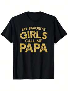 Camiseta para hombre con estampado "My Favorite Girl Calls Me Dad": negra, manga corta, cuello redondo, estampado antiguo amarillo llamativo, talla de traje. - Negro 17 - Ver 1