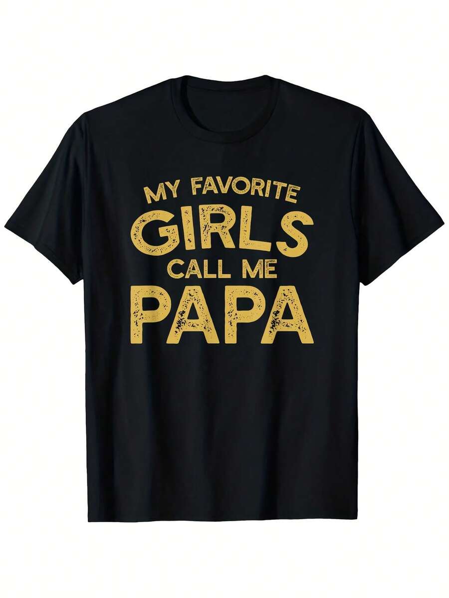 Camiseta para hombre con estampado "My Favorite Girl Calls Me Dad": negra, manga corta, cuello redondo, estampado antiguo amarillo llamativo, talla de traje. - Negro 17 - Ver 1